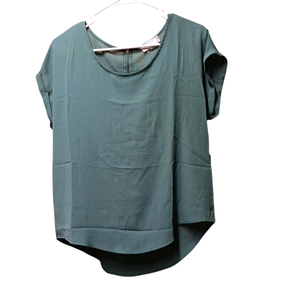 Pink Rose Green Cap Sleeve Boxy Blouse EUC
